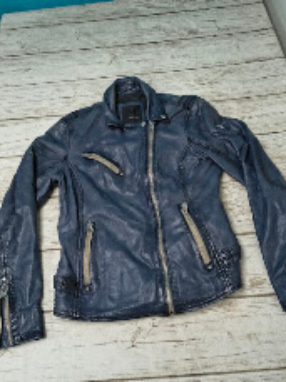 MAURITIUS Blue Leather Biker Jacket Peace Sign Back Studded Moto